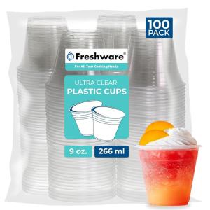 Freshware 9 oz Clear Disposable Plastic Cups, 100 Pack Clear Plastic Cups Tumblers, Heavy-duty Party Glasses, Disposable Cups for Thanksgiving, Halloween, Christmas Party(9 oz. [100-PK])