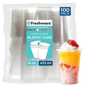 Freshware 9 oz Clear Disposable Plastic Cups, 100 Pack Clear Plastic Cups Tumblers, Heavy-duty Party Glasses, Disposable Cups for Thanksgiving, Halloween, Christmas Party(16 Ounces)