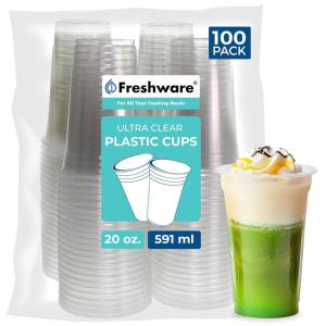 Freshware 9 oz Clear Disposable Plastic Cups, 100 Pack Clear Plastic Cups Tumblers, Heavy-duty Party Glasses, Disposable Cups for Thanksgiving, Halloween, Christmas Party(20 oz. [100PK])