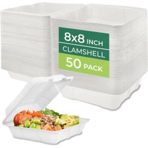 Freshware Compostable 9×9″ Clamshell Take Out Food Containers [50-Pack] – Biodegradable Sugarcane To Go Boxes – Paper Food Container – Microwave & Freezer Safe, Stackable(8 x 8 Inch)