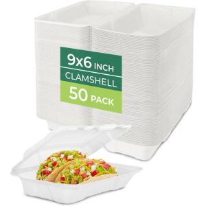 Freshware Compostable 9×9″ Clamshell Take Out Food Containers [50-Pack] – Biodegradable Sugarcane To Go Boxes – Paper Food Container – Microwave & Freezer Safe, Stackable(9 x 6 Inch)