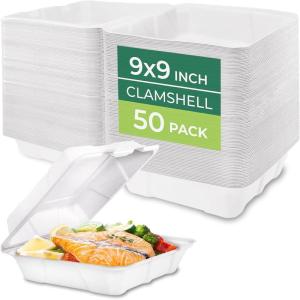 Freshware Compostable 9×9″ Clamshell Take Out Food Containers [50-Pack] – Biodegradable Sugarcane To Go Boxes – Paper Food Container – Microwave & Freezer Safe, Stackable(9 x 9 Inch)