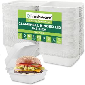 Freshware Compostable Clamshell Food Containers [6×6″ 50-Pack], Biodegradable Sugarcane To Go Boxes – Heavy Duty Paper Containers – Microwave & Freezer Safe, Stackable