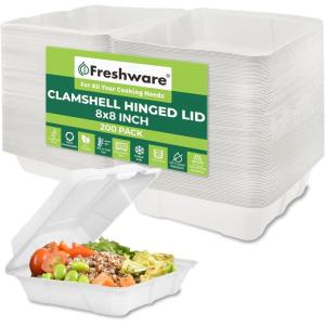 Freshware Compostable Clamshell Food Containers [8×8″ 200-Pack] Disposable To Go Containers, Biodegradable Sugarcane To Go Boxes – Heavy Duty Paper Containers – Microwave & Freezer Safe, Stackable