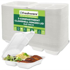 Freshware Compostable Clamshell Food Containers [8×8″] 3-Compartment 200-Pack, Disposable Containers, Biodegradable Sugarcane To Go Boxes – Paper Food Containers – Microwave & Freezer Safe, Stackable