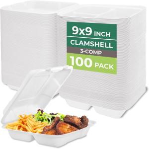Freshware Compostable Clamshell Food Containers [8×8″] 3-Compartment 50-Pack, Disposable Containers, Biodegradable Sugarcane To Go Boxes – Paper Food Containers – Microwave & Freezer Safe, Stackable(9 x 9 Inch  100 Pack)