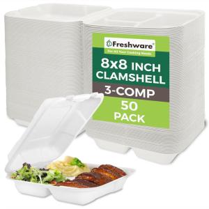 Freshware Compostable Clamshell Food Containers [8×8″] 3-Compartment 50-Pack, Disposable Containers, Biodegradable Sugarcane To Go Boxes – Paper Food Containers – Microwave & Freezer Safe, Stackable(8 x 8 Inch [50 Pack])