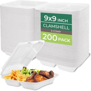Freshware Compostable Clamshell Food Containers [8×8″] 3-Compartment 50-Pack, Disposable Containers, Biodegradable Sugarcane To Go Boxes – Paper Food Containers – Microwave & Freezer Safe, Stackable(9 x 9 Inch  200 Pack)