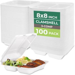 Freshware Compostable Clamshell Food Containers [8×8″] 3-Compartment 50-Pack, Disposable Containers, Biodegradable Sugarcane To Go Boxes – Paper Food Containers – Microwave & Freezer Safe, Stackable(8 x 8 Inch  100 Pack)