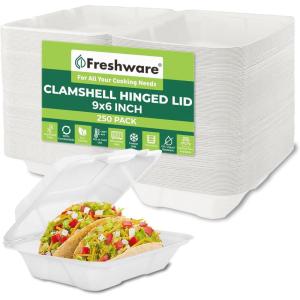 Freshware Compostable Clamshell Food Containers [9×6″ 250-Pack] Disposable To Go Containers, Biodegradable Sugarcane To Go Boxes – Heavy Duty Paper Containers – Microwave & Freezer Safe, Stackable