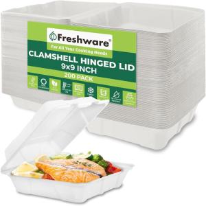 Freshware Compostable Clamshell Take Out Food Containers [9×9″ 200-Pack] – Disposable Biodegradable Sugarcane To Go Boxes, Microwave & Freezer Safe, Stackable Paper Food Containers