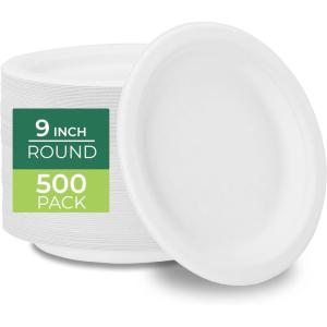 Freshware Paper Plates – Disposable 10″ Plate, 125-Pack, Biodegradable Sugarcane Fiber Dinner Plates – Heavy Duty Dinnerware for Hot Food – Microwave & Freezer Safe, Stackable Dinnerware(9 Inch  500 Pack)