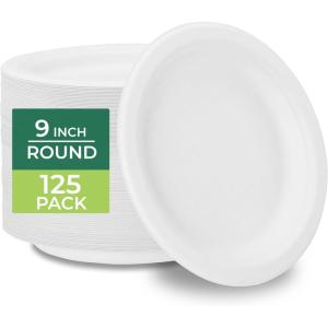Freshware Paper Plates – Disposable 10″ Plate, 125-Pack, Biodegradable Sugarcane Fiber Dinner Plates – Heavy Duty Dinnerware for Hot Food – Microwave & Freezer Safe, Stackable Dinnerware(9 Inch [125-Pack])