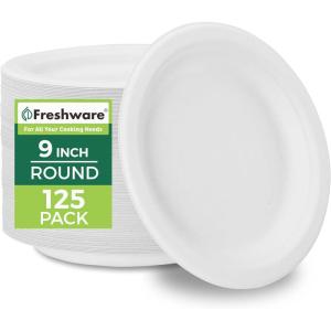 Freshware Paper Plates – Disposable 10″ Plate, 500-Pack, Biodegradable Sugarcane Fiber Dinner Plates – Heavy Duty Dinnerware for Hot Food – Microwave & Freezer Safe, Stackable Dinnerware(Natural)