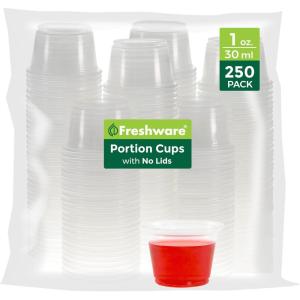 Freshware Plastic Portion Cups (No Lids) [2 Ounce, 250 Count] Disposable Plastic Cups for Meal Prep, Salad Dressing, Jellos Shot Cups, Souffle Cups, Condiment and Dipping Sauce Cups(1 oz – 250 cups)