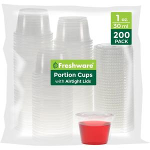 Freshware Plastic Portion Cups with Lids [1 Ounce, 200 Sets] Disposable Plastic Cups for Meal Prep, Salad Dressing, Jellos Shot Cups, Souffle Cups, Condiment and Dipping Sauce Cups(1 oz – 200 sets)