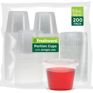 Freshware Plastic Portion Cups with Lids [1 Ounce, 200 Sets] Disposable Plastic Cups for Meal Prep, Salad Dressing, Jellos Shot Cups, Souffle Cups, Condiment and Dipping Sauce Cups(5.5 oz – 200 sets)