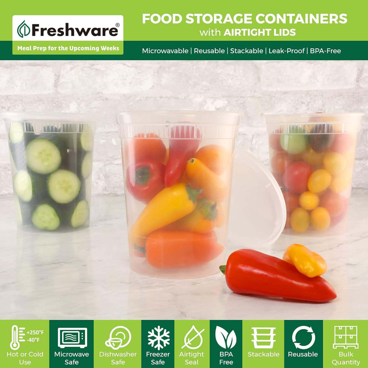 imageFreshware 48 Pack of 16 and 32 oz 24 sets each size Food Storage Containers with Lids Plastic Deli Containers Meal Prep Containers Microwave and Freezer Safe Stackable Leakproof BPA Free Clear32 oz 24Set