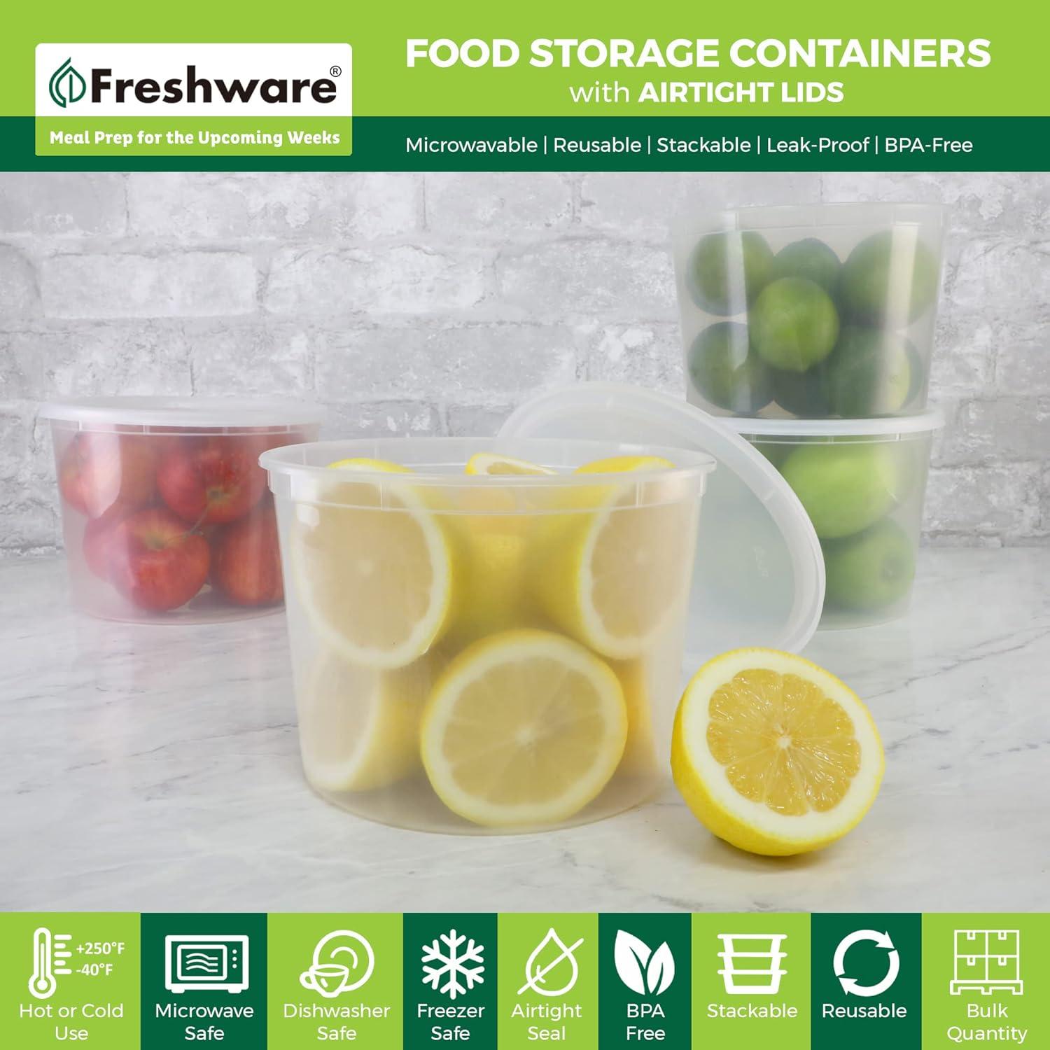 imageFreshware 48 Pack of 16 and 32 oz 24 sets each size Food Storage Containers with Lids Plastic Deli Containers Meal Prep Containers Microwave and Freezer Safe Stackable Leakproof BPA Free Clear64 oz 12Set
