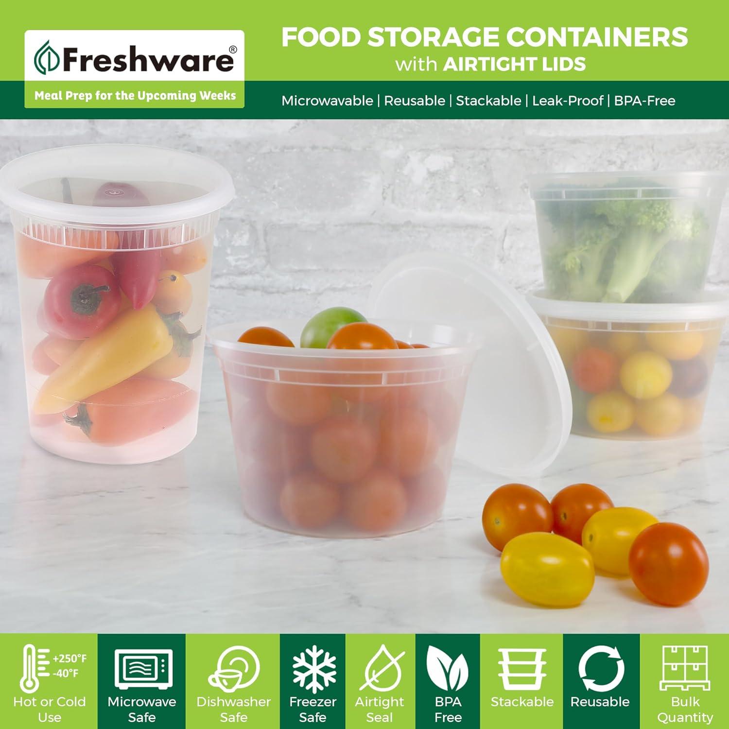 imageFreshware 48 Pack of 16 and 32 oz 24 sets each size Food Storage Containers with Lids Plastic Deli Containers Meal Prep Containers Microwave and Freezer Safe Stackable Leakproof BPA Free Clear16 32 oz 48MixSet