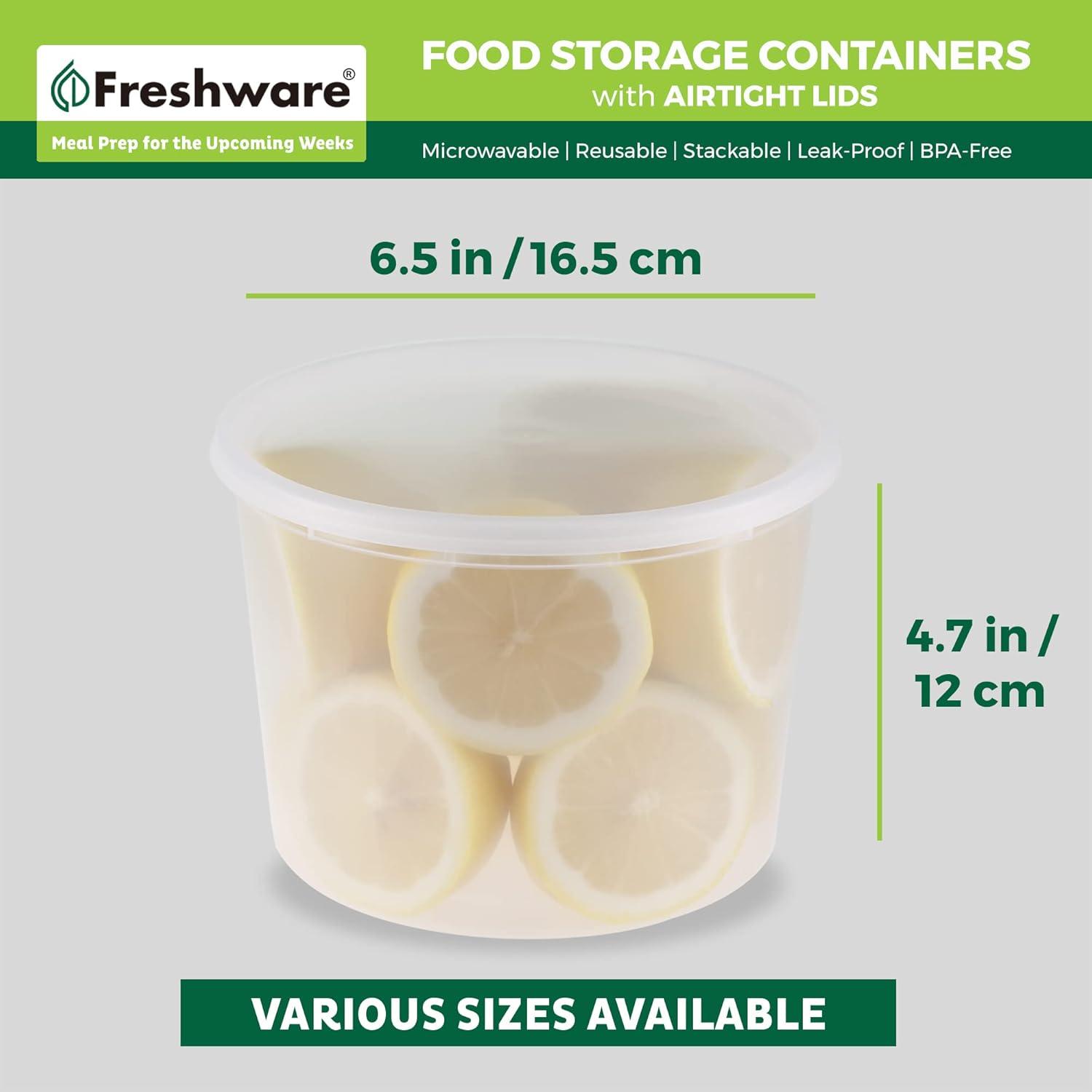 imageFreshware 48 Pack of 16 and 32 oz 24 sets each size Food Storage Containers with Lids Plastic Deli Containers Meal Prep Containers Microwave and Freezer Safe Stackable Leakproof BPA Free Clear64 oz 12Set