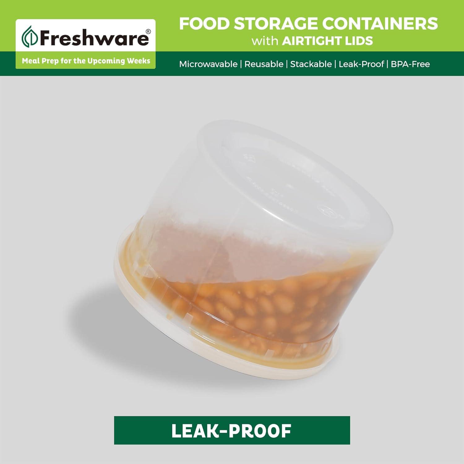 imageFreshware 48 Pack of 16 and 32 oz 24 sets each size Food Storage Containers with Lids Plastic Deli Containers Meal Prep Containers Microwave and Freezer Safe Stackable Leakproof BPA Free Clear64 oz 12Set