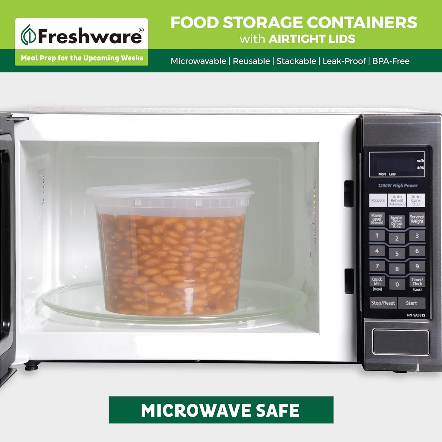 imageFreshware 48 Pack of 16 and 32 oz 24 sets each size Food Storage Containers with Lids Plastic Deli Containers Meal Prep Containers Microwave and Freezer Safe Stackable Leakproof BPA Free Clear64 oz 12Set