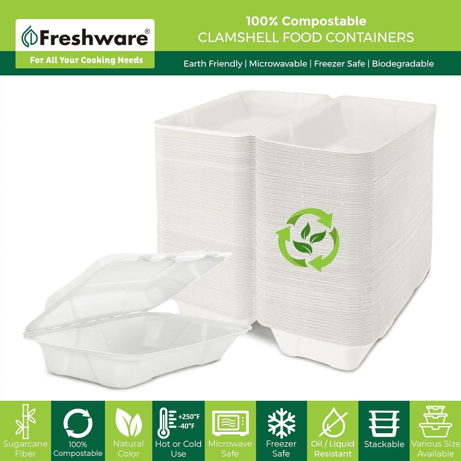 imageFreshware Compostable Clamshell Food Containers 9x6quot 50Pack Disposable To Go Containers Biodegradable Sugarcane To Go Boxes Heavy Duty Paper Containers Microwave ampamp Freezer Safe Stackable