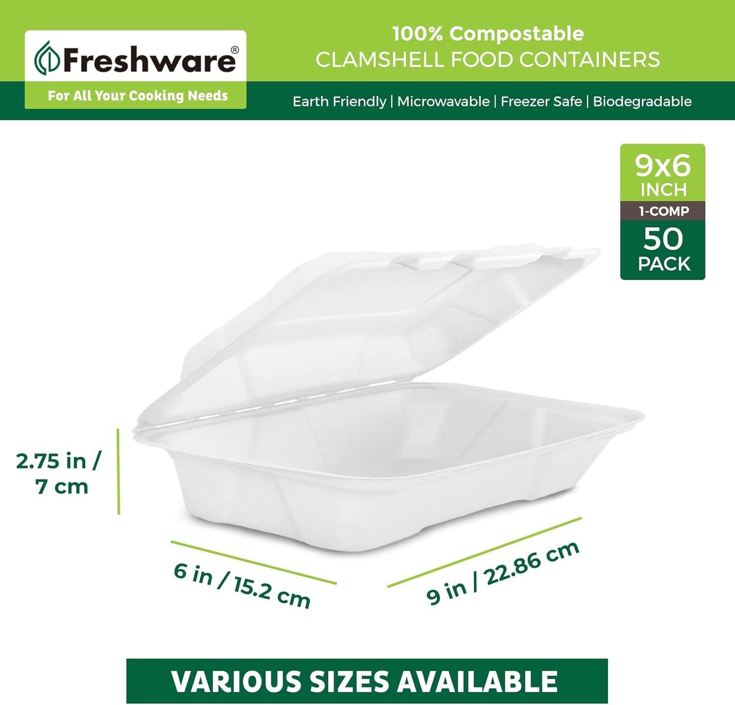 imageFreshware Compostable Clamshell Food Containers 9x6quot 50Pack Disposable To Go Containers Biodegradable Sugarcane To Go Boxes Heavy Duty Paper Containers Microwave ampamp Freezer Safe Stackable
