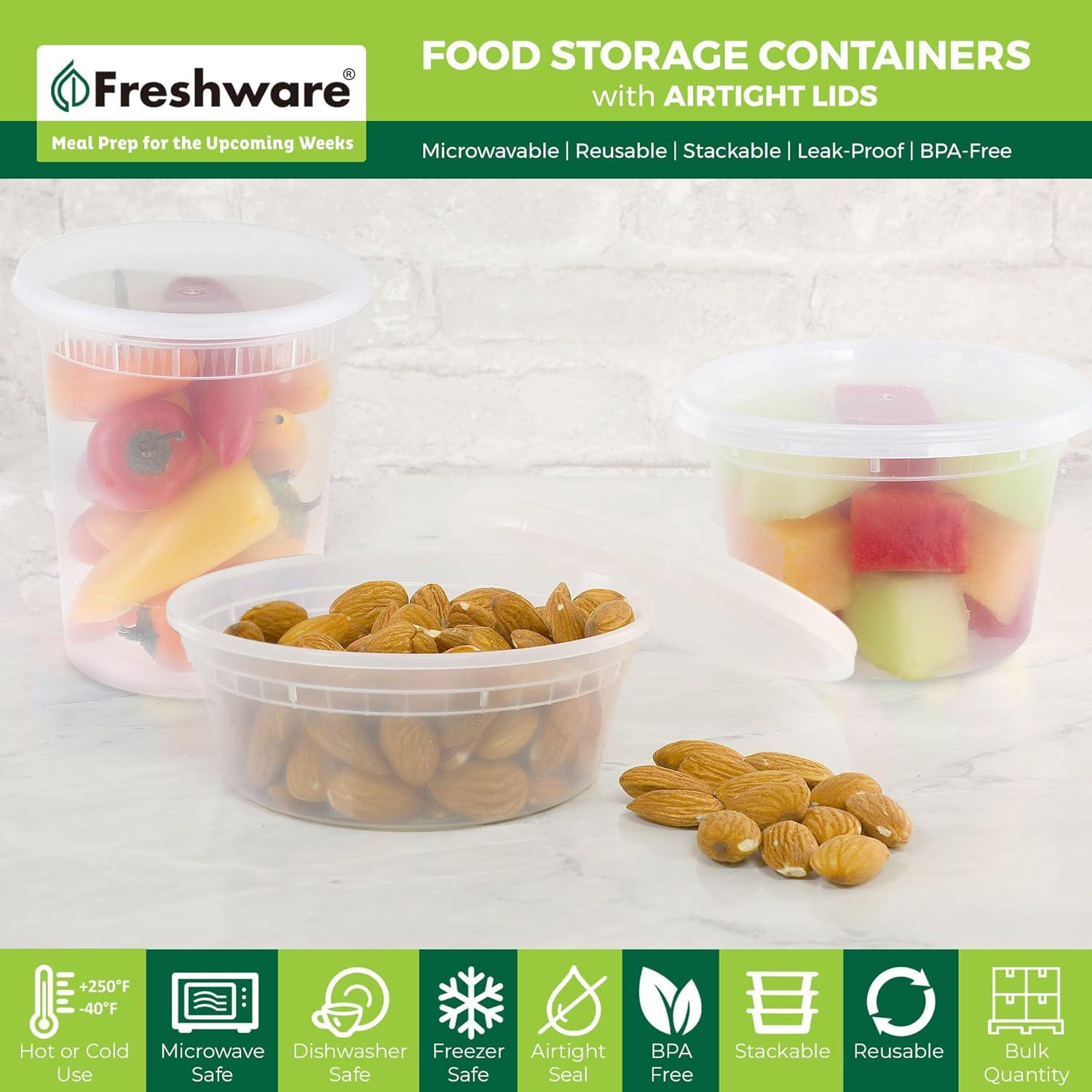 imageFreshware Food Storage Containers 240 Set 12 oz Plastic Deli Containers with Lids Slime Soup Meal Prep Containers BPA Free Stackable Leakproof Microwave Dishwasher and Freezer Safe8 16 32 oz 60 Mix Set