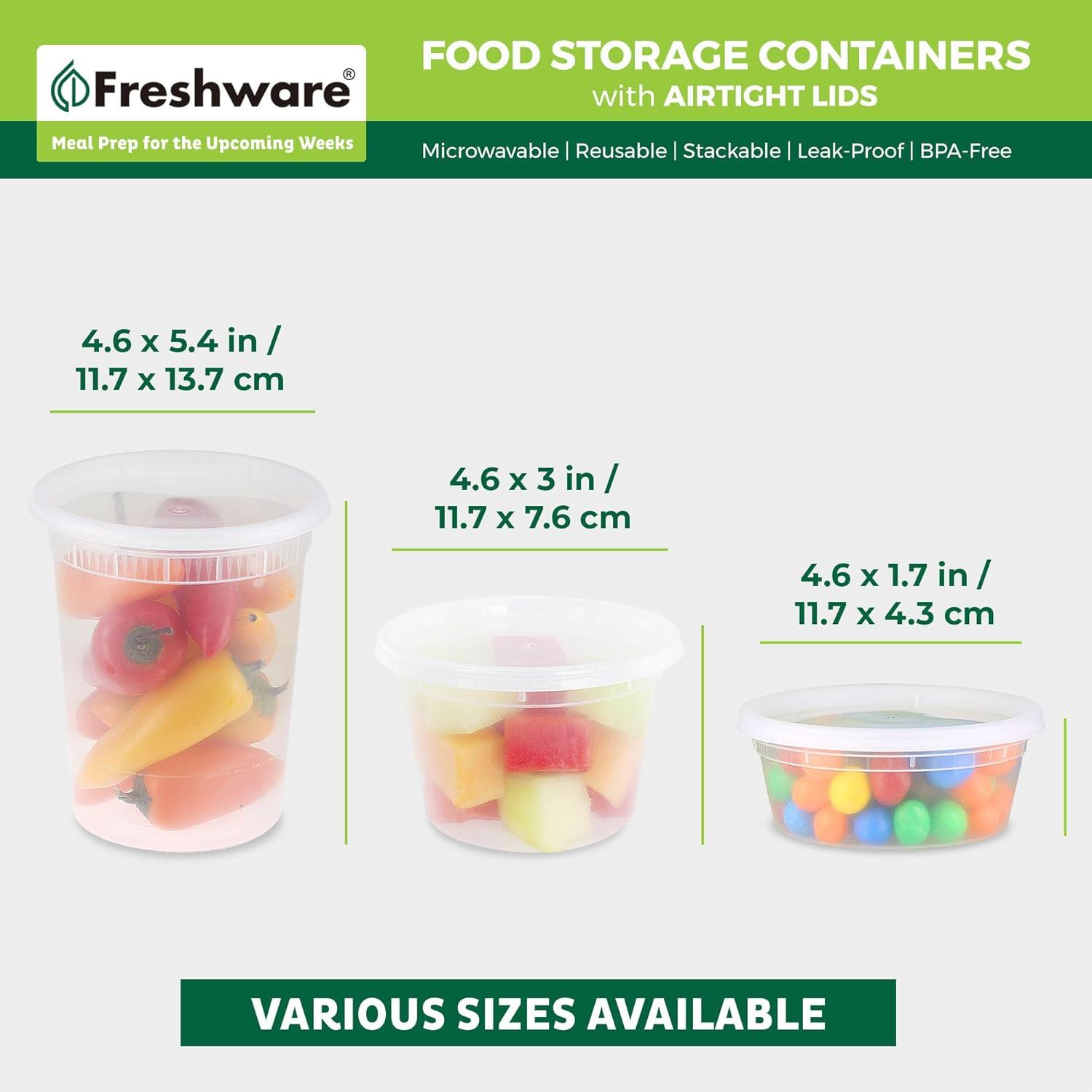 imageFreshware Food Storage Containers 240 Set 12 oz Plastic Deli Containers with Lids Slime Soup Meal Prep Containers BPA Free Stackable Leakproof Microwave Dishwasher and Freezer Safe8 16 32 oz 60 Mix Set
