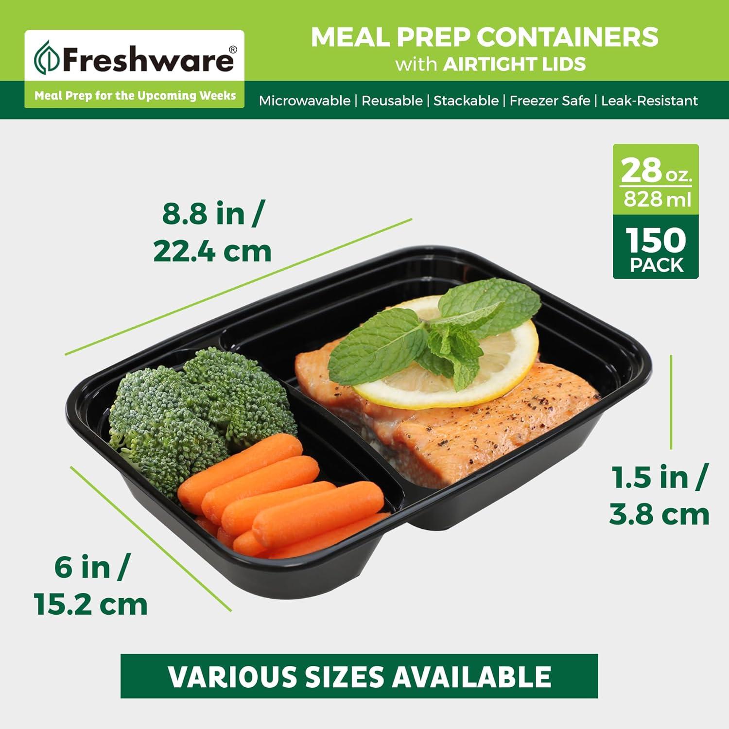 imageFreshware Meal Prep Containers 150 Pack 2 Compartment with Lids Food Storage Containers Bento Box BPA Free Stackable MicrowaveDishwasherFreezer Safe 28 oz