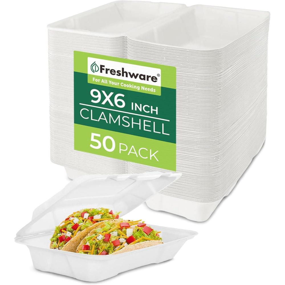 imageFreshware Compostable Clamshell Food Containers 9x6quot 50Pack Disposable To Go Containers Biodegradable Sugarcane To Go Boxes Heavy Duty Paper Containers Microwave ampamp Freezer Safe Stackable