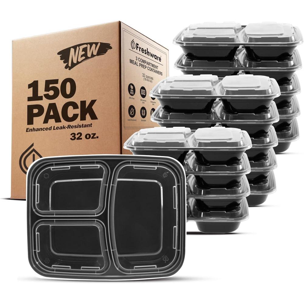 imageFreshware Meal Prep Containers 150 Pack 3 Compartment Food Containers with Lids Bento Box Stackable MicrowaveDishwasher Safe 32 oz32OZ150PK