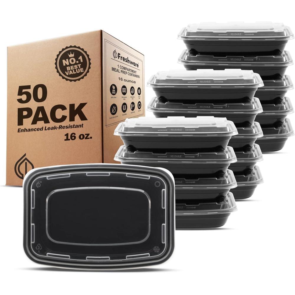 imageFreshware Meal Prep Containers 50 Pack 1 Compartment with Lids Food Storage Containers Bento Box BPA Free Stackable MicrowaveDishwasherFreezer Safe 28 oz16OZ50PK