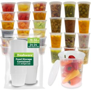 Freshware 48 Pack of 16 and 32 oz, 24 sets each size Food Storage Containers with Lids, Plastic Deli Containers, Meal Prep Containers, Microwave and Freezer Safe, Stackable, Leakproof, BPA Free, Clear(16 & 32 oz  48-Mix-Set)