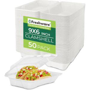 Freshware Compostable Clamshell Food Containers [9×6″ 50-Pack] Disposable To Go Containers, Biodegradable Sugarcane To Go Boxes – Heavy Duty Paper Containers – Microwave & Freezer Safe, Stackable