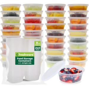 Freshware Food Storage Containers [240 Set] 12 oz Plastic Deli Containers with Lids, Slime, Soup, Meal Prep Containers, BPA Free, Stackable, Leakproof, Microwave, Dishwasher and Freezer Safe(8 oz  240 Set)