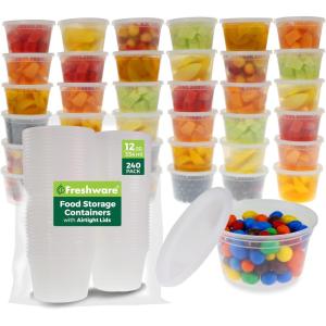 Freshware Food Storage Containers [240 Set] 12 oz Plastic Deli Containers with Lids, Slime, Soup, Meal Prep Containers, BPA Free, Stackable, Leakproof, Microwave, Dishwasher and Freezer Safe(12 oz  240-Set)