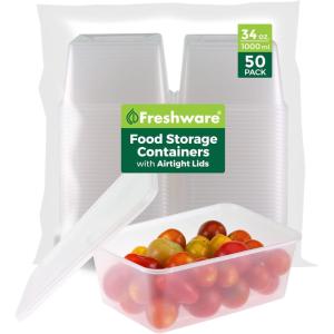 Freshware Food Storage Containers [50 Set] 16 oz Plastic Deli Containers with Lids, Slime, Soup, Meal Prep Containers | BPA Free | Stackable | Leakproof | Microwave/Dishwasher/Freezer Safe(34 oz – 50 Set)