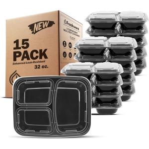 Freshware Meal Prep Containers [150 Pack] 3 Compartment Food Containers with Lids, Bento Box, Stackable, Microwave/Dishwasher Safe (32 oz)(32OZ-15PK)