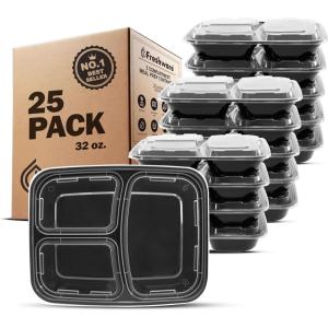 Freshware Meal Prep Containers [150 Pack] 3 Compartment Food Containers with Lids, Bento Box, Stackable, Microwave/Dishwasher Safe (32 oz)(32OZ-25PK)