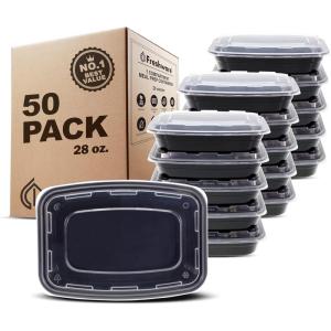 Freshware Meal Prep Containers [50 Pack] 1 Compartment with Lids, Food Storage Containers, Bento Box, BPA Free, Stackable, Microwave/Dishwasher/Freezer Safe (28 oz)(28OZ [50BK])