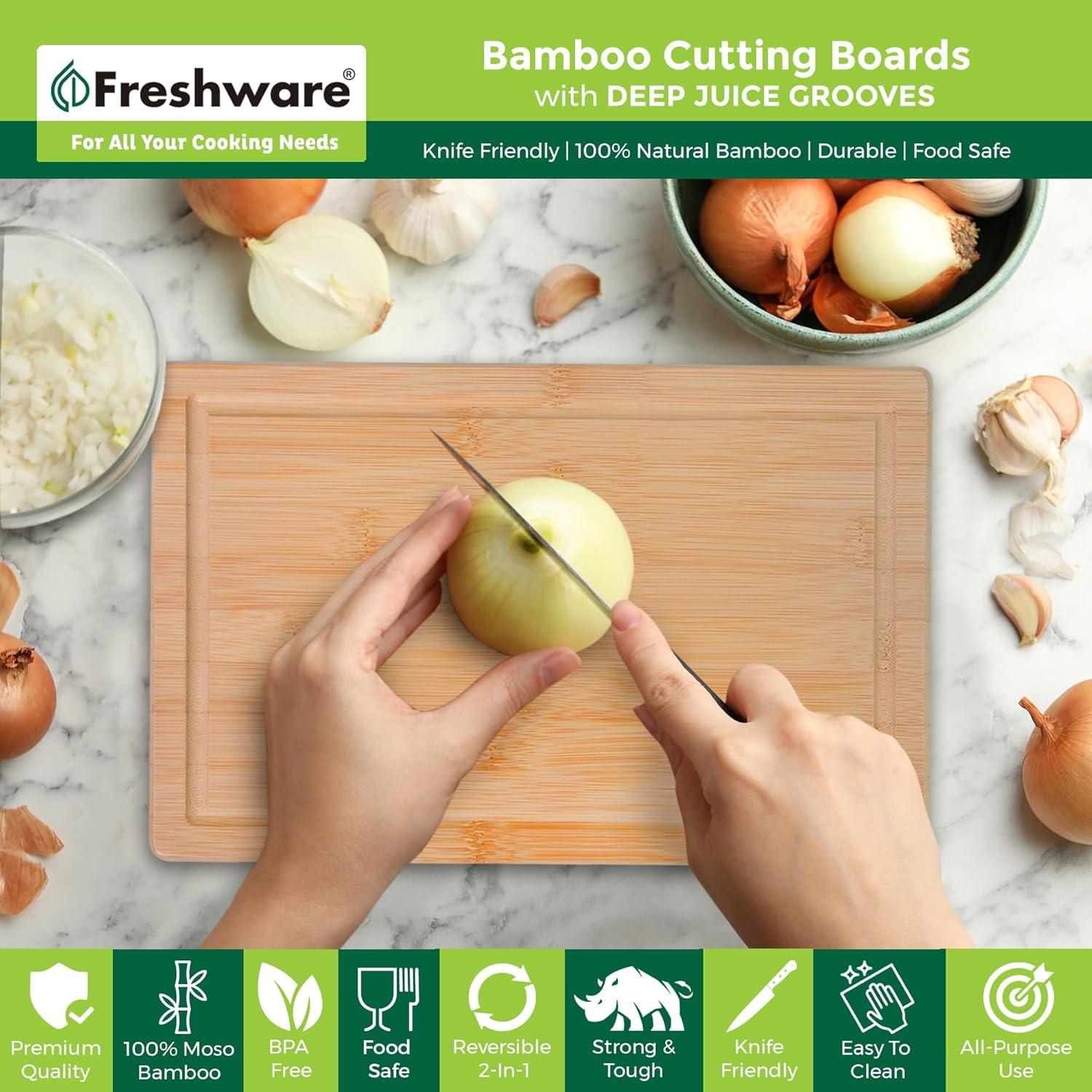 imageBamboo Cutting Boards for Kitchen with Juice Groove ExtraLarge Wood Cutting Board for Chopping Meat Vegetables Fruits Cheese Knife Friendly Serving Tray with Handles 18 x 125 InchSet of 2