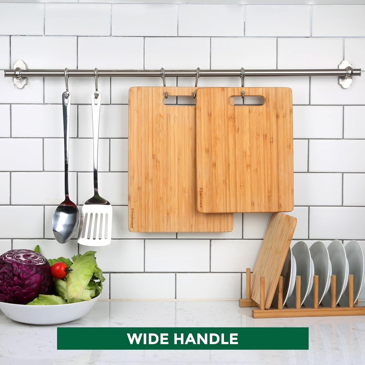 imageBamboo Cutting Boards for Kitchen with Juice Groove ExtraLarge Wood Cutting Board for Chopping Meat Vegetables Fruits Cheese Knife Friendly Serving Tray with Handles 18 x 125 InchSet of 3