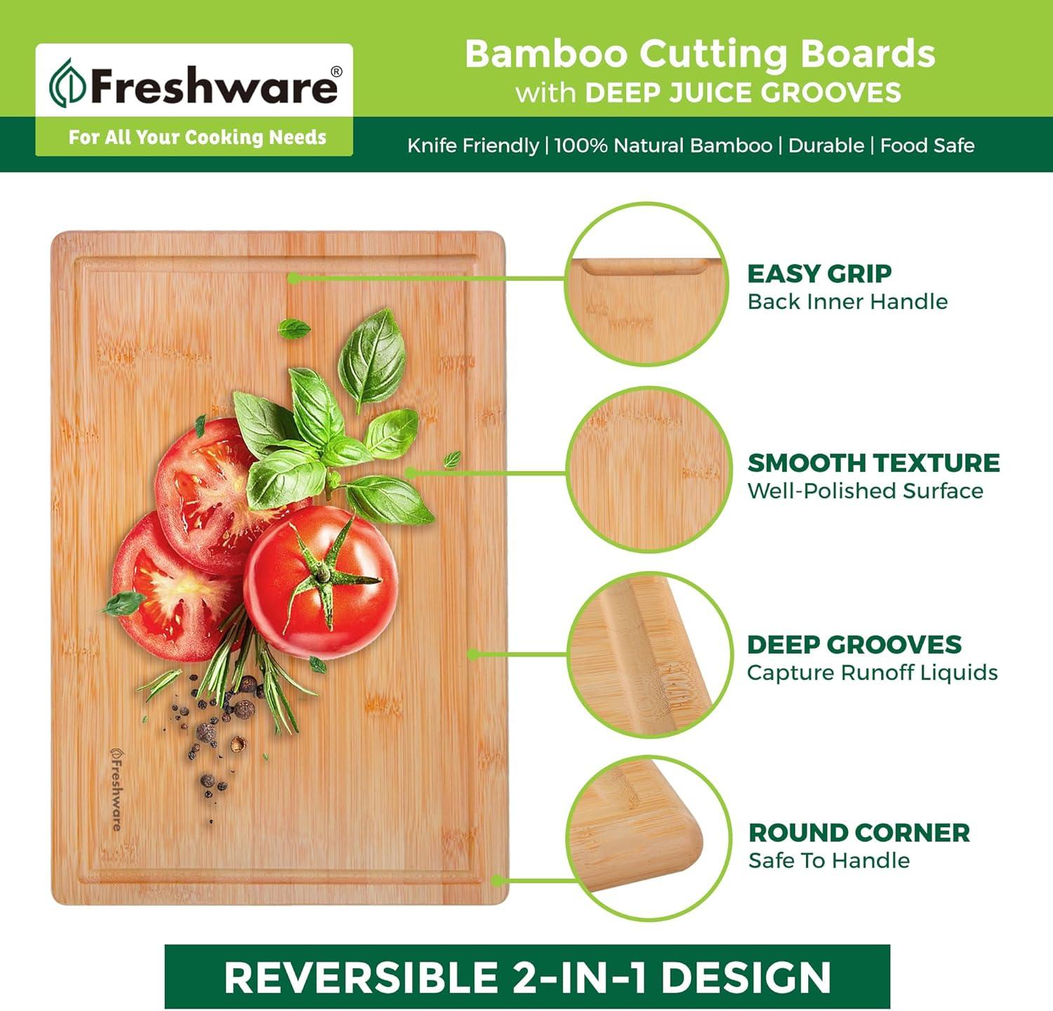 imageBamboo Cutting Boards for Kitchen with Juice Groove ExtraLarge Wood Cutting Board for Chopping Meat Vegetables Fruits Cheese Knife Friendly Serving Tray with Handles 18 x 125 InchSet of 2