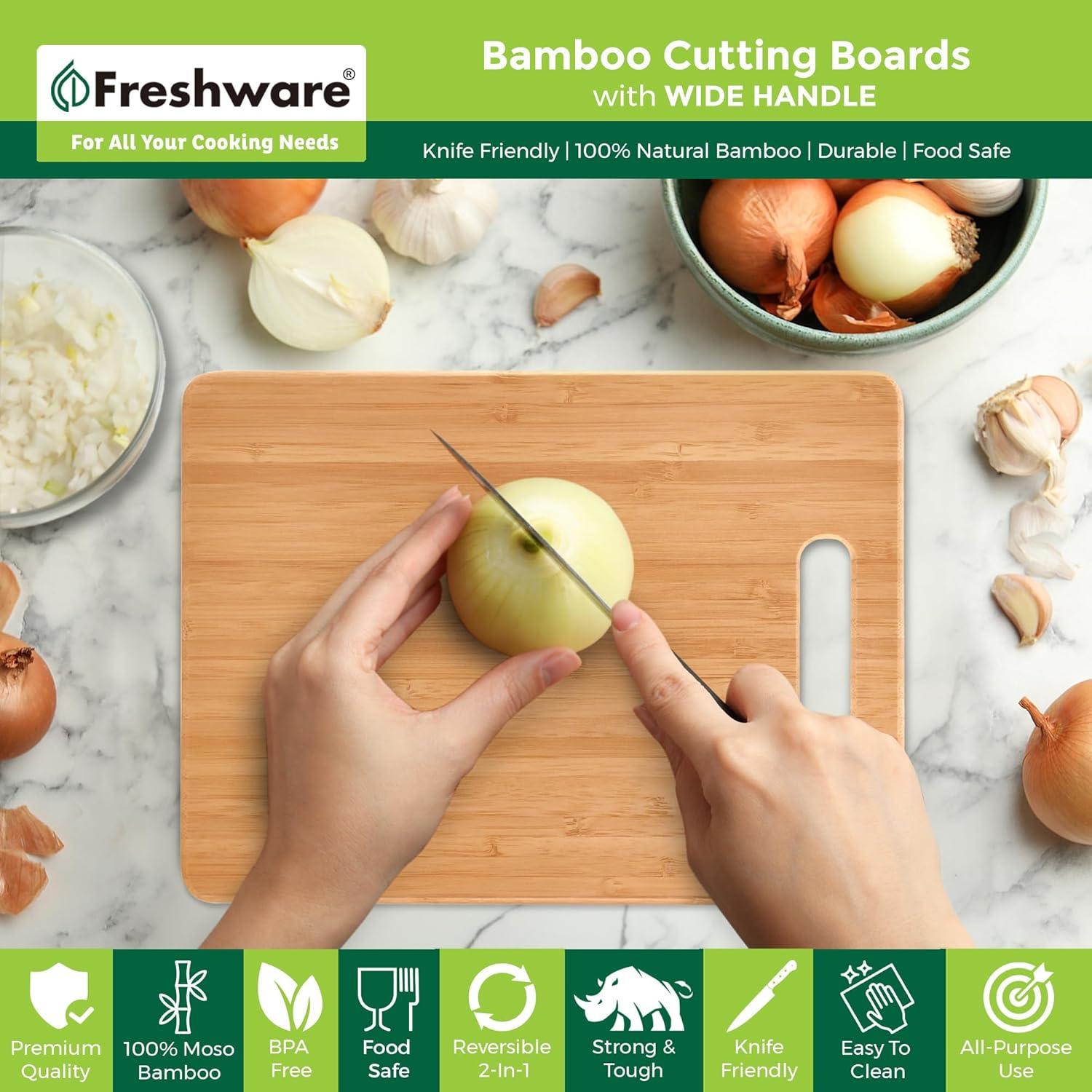 imageBamboo Cutting Boards for Kitchen with Juice Groove ExtraLarge Wood Cutting Board for Chopping Meat Vegetables Fruits Cheese Knife Friendly Serving Tray with Handles 18 x 125 InchSet of 3