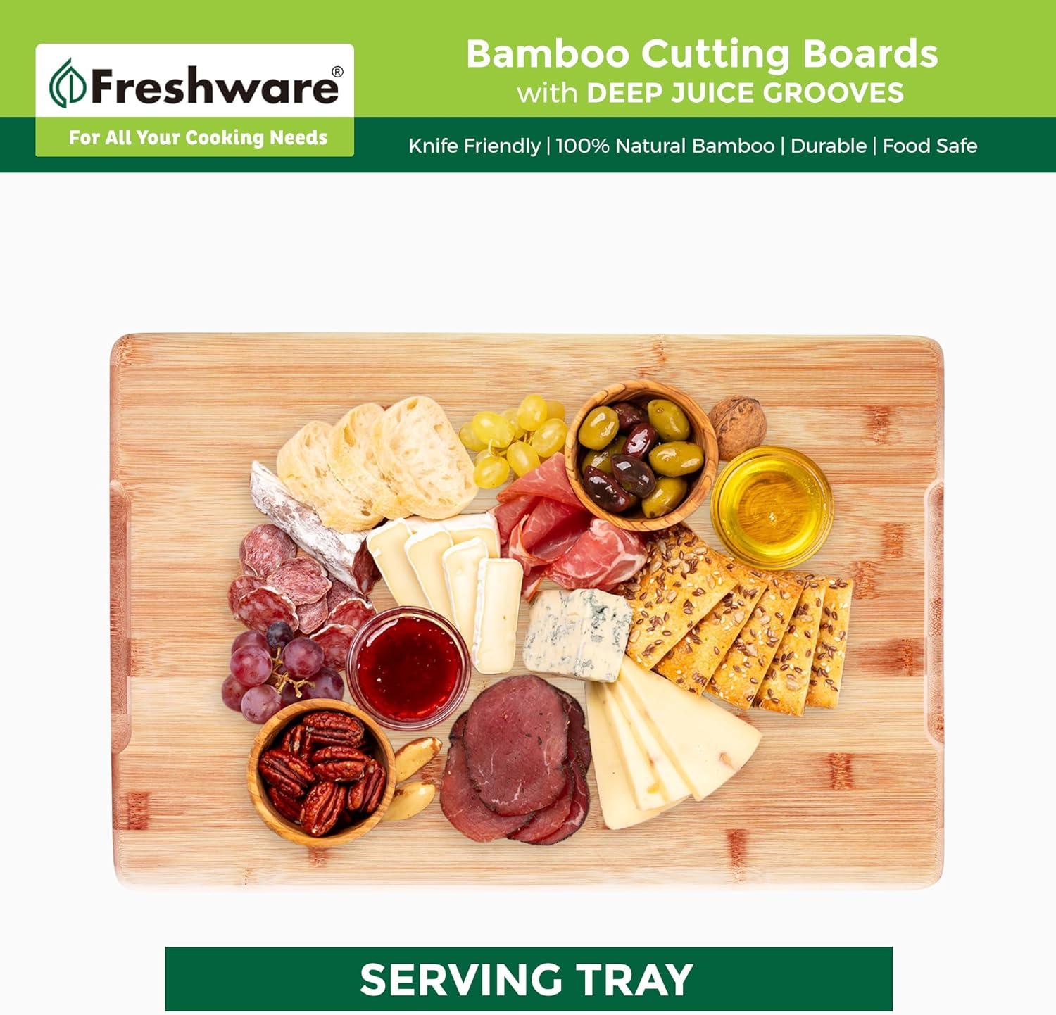 imageBamboo Cutting Boards for Kitchen with Juice Groove ExtraLarge Wood Cutting Board for Chopping Meat Vegetables Fruits Cheese Knife Friendly Serving Tray with Handles 18 x 125 InchSet of 2