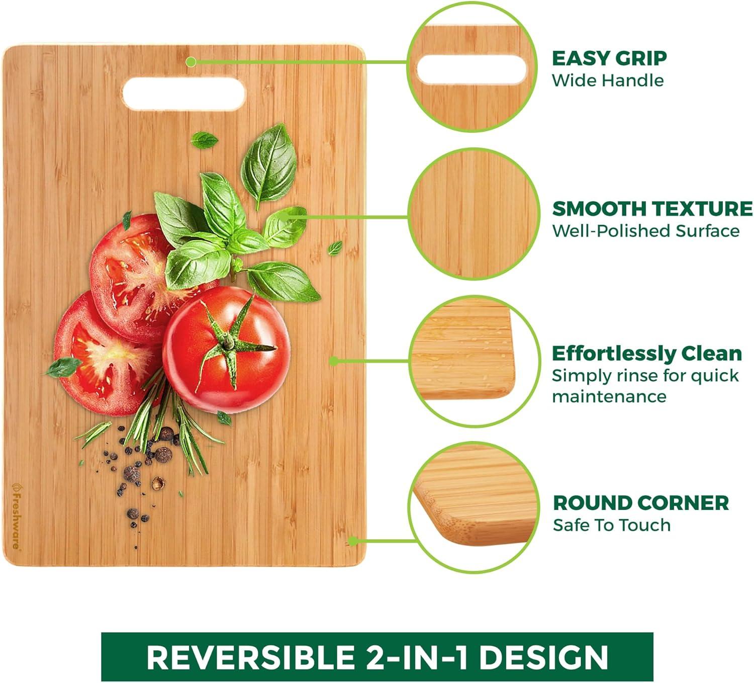 imageBamboo Cutting Boards for Kitchen with Juice Groove ExtraLarge Wood Cutting Board for Chopping Meat Vegetables Fruits Cheese Knife Friendly Serving Tray with Handles 18 x 125 InchSet of 3