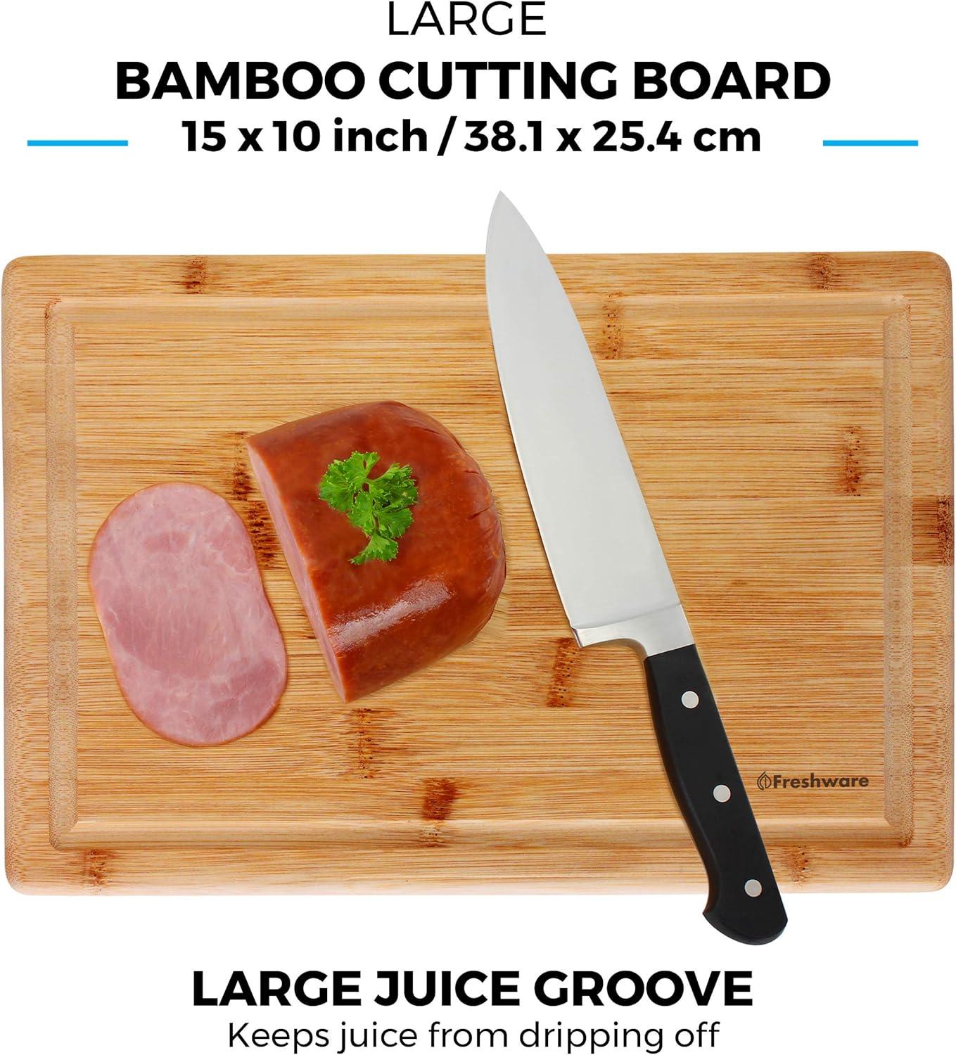 imageBamboo Cutting Boards for Kitchen with Juice Groove Set of 2 Wood Cutting Board for Chopping Meat Vegetables Fruits Cheese Knife Friendly Serving Tray with Handles